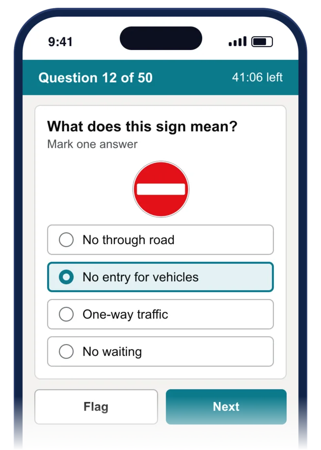 Question 12 of 50, What does this sign mean, with the no entry sign and four answers, No entry for vehicles chosen